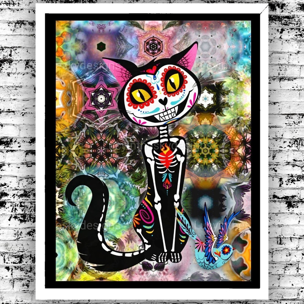 Sugar Skull Kitty Cat Sparrow Sacred Heart Bright Psychedelic Wall Decor